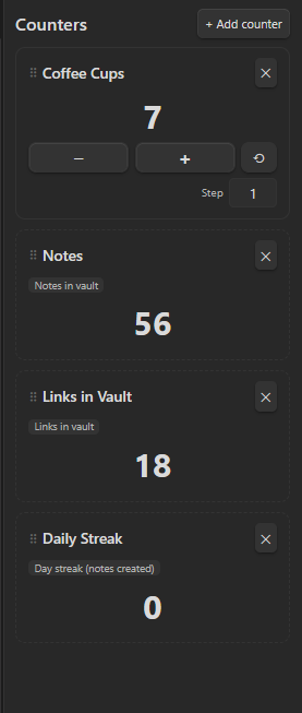 Counter plugin sidebar panel showing a manual Coffee Cups counter and automatic Notes, Links in Vault, and Daily Streak counters